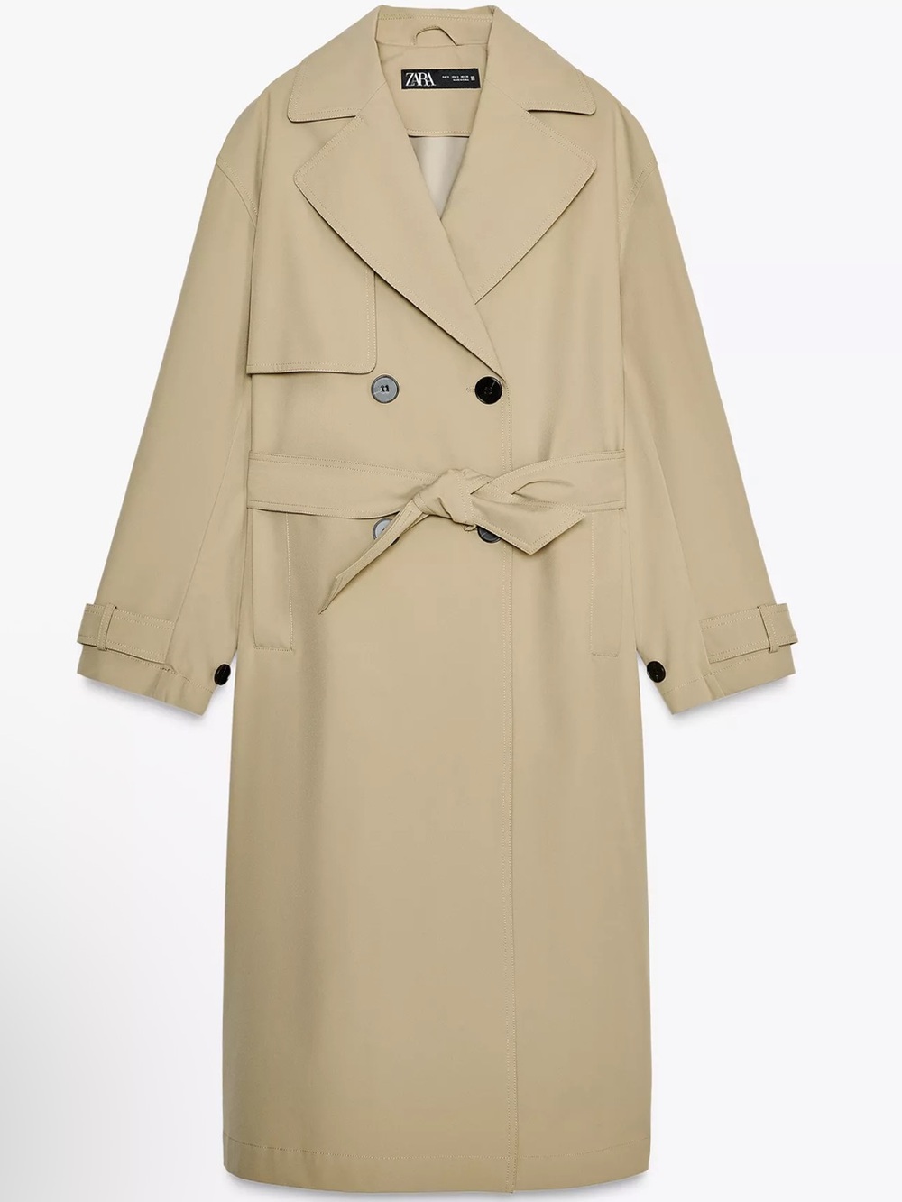 Zara Beige Double-Breasted Trench Coat with Waist Tie